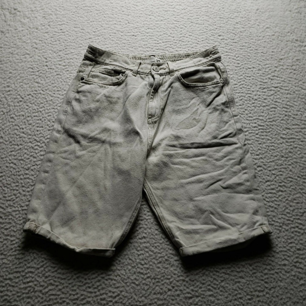 Denim Shorts Mens 29 Beige Elastic Waist 5-Pocket Bermuda 10 Inseam Casual